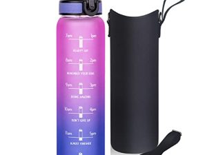 Justfwater 32oz Sports Motivational Glass Water Bottle with Straw & Time Marker