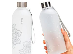 bzyoo 32 OZ 1 Liter Time Marker Water Bottle BPA Free Frosted Durable Plastic With Strap - Reusable Water Bottle With Times To Drink For Fitness Sports Gym Travel Holiday Gift Option(Color: Silver)