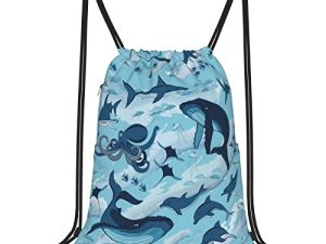 Whale Shark Waves Dolphins Sea Drawstring Backpack For Men Women Gym Bags Nylon String Sackpack Waterproof Back Sack With Pockets For girl boy Swim Sport School Yoga Shopping
