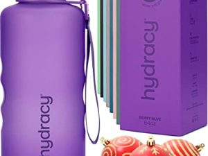 Hydracy Water Bottle with Time Marker -Large Half Gallon 64oz BPA Free Bottle & No Sweat Sleeve -Leak Proof Gym Bottle with Fruit Infuser Strainer & Times to Drink -Ideal Gift for Sports & Outdoors
