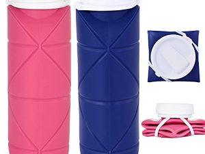 SPECIAL MADE Collapsible Water Bottle Leakproof Valve BPA Free Silicone Foldable Water Bottle for Gym Camping Sports Lightweight Travel Bottle Durable 20oz (Dark Blue + Pink 2nd version)