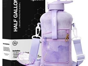 HYDRARANK Half Gallon Water Bottle with Storage Sleeve includes Straw Lid and Chug Lid - BPA Free Reusable Large Water Jug with Handle - H2O Big Sports Container 2.2 Liters (74 Ounce)