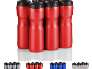 50 Strong Brand Jet Stream Sports Squeeze Water Bottle with One-Way Valve - Team Pack – Set of 6 Leak Proof Squirt Waterbottles - 28 Ounces -Perfect for Bikes - Made in USA (Red)