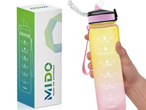 MIDO 32 oz Sports Water Bottles- BPA Free Motivational Water Bottle with Straw- Leak Proof Water Bottles with Time Marker and Carry Strap- Travel Water Bottle (Yellow & Pink)
