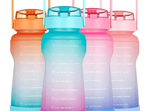 BOTTLE BOTTLE Half Gallon/64 oz Water Bottle with Straw Big Handle Protective Silicone Boot Sports Water Bottle with Time Marker Leak Proof Reusable Water Jug for Adult and Kids (green purple)
