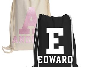 Custom Drawstring Bags w/Name & Number - 4 Bag Color - Personalized Draw String Backpacks for Girls Boys - Customized Bag to High School Tote Bags for Teen - Kids Bag Gift - Black White Beige Pink C2