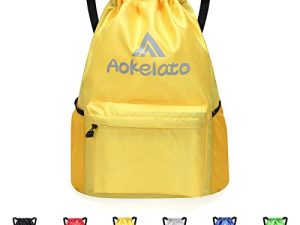 Aokelato Drawstring Backpack 20L String Sport Gym bag with wet pocket daypack bag for women and men Yellow Large