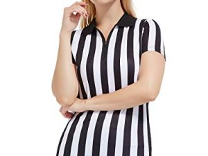 FitsT4 Women's Official Black & White Stripe Referee Shirt Zipper Collared V-Neck Referee Jersey Short Sleeve Ref Tee Shirt for Refs