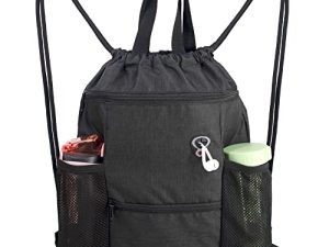 Drawstring Backpack Bag String Cinch Sack Backpack w Zipper Pockets & Mesh Bottle Holders Large Gym Sports Beach Sackpack