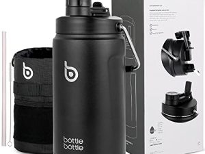 BOTTLE BOTTLE Insulated Water Bottle 64 oz with Straw and Dual-use Lid Half Gallon Water Jug Vacuum Stainless Steel for Workout and Sports Insulated Beer Growler with Handle(Black)