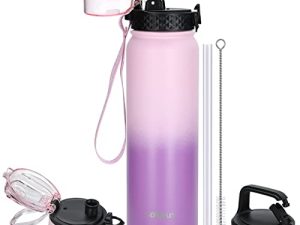 GOPPUS 32 oz Sports Water Bottle Double Wall Vacuum Insulated Stainless Steel Water Bottle with Straw Spout Wide mouth Lid Strainer Reusable Leakproof Metal water bottles with Strap Handle (3 lids)