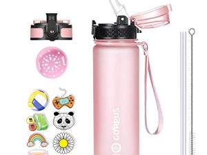 GOPPUS Kids Water Bottle with Straw Spout Lid 10pcs Stickers 12/17 oz Leak-proof BPA Free Motivational Time Marker Tritan Plastic Water Bottles for Girls Boys Toddler School Sports