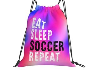 ISTYTOP Eat Sleep Soccer Repeat Drawstrings Bags Backpack Pink Waterproof Light Durable Gym Sports Yoga Beach Sackpack For Boys Girls Unisex