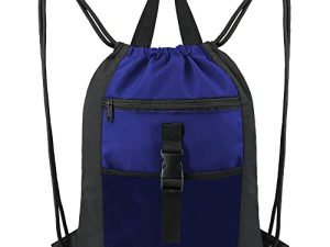 BeeGreen Black & Royal Blue Gym Backpack for Women Men Drawstring Sack Bag w Inner Pocket & PVC Wet Dry Bag X-Large 18.5" x 15" Basketball Bag w Mesh & Zipper Pocket Waterproof Sports String Bag