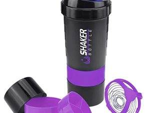 VIGIND Protein Shaker Bottle - Sports Water Bottle - Non Slip 3 Layer Twist Off 3oz Cups with Pill Tray - Leak Proof Shake Bottle Mixer- Protein Powder 16 oz Shake Cup with Storage