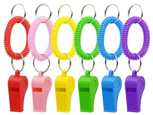 Sport Whistle with Bracelet 6pcs Loud Clear Plastic Whistles with Stretchable Coil Wrist Keychain Ring for Coaches Referees School Soccer Christmas Birthday Party Gift Survival Emergency Training