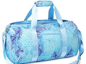 Girls Duffle Bag Weekender Duffel Sport Gym Bag with Shoe Compartment Wet Pocket for Women Girls Dance Bag (Blue Flower)