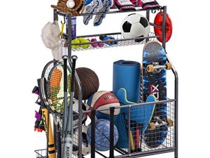 Garage Sports Equipment Storage Organizer with Baskets and Hooks - Easy to Assemble - Sports Ball Gear Rack Holds Basketballs