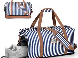 Lekespring Sports Gym Bag Travel Bag with Shoes Compartment & Wet Compartment Holdall Sport Gym Tote Bags Swimming Yoga Weekend Overnight Bag Carry on Bag Hospital Holdalls(Borwn with Striped)