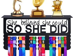 Metal Medal & Trophy Holder- 15.7x 7.9 Inch 4 Rows Medal Hanger Display with Shelf Medal Holder and Trophy Display Hanger Rack Frame Easy to Install Wall Mount for Girls Displaying Over 70 Medals