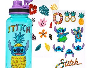 Disney Lilo & Stitch Pineapple 32-Ounce Twist Spout Water Bottle And Sticker Set | BPA-Free Plastic Sports Jug With Leakproof Screw-Top Lid | Hydration For Outdoor Activities
