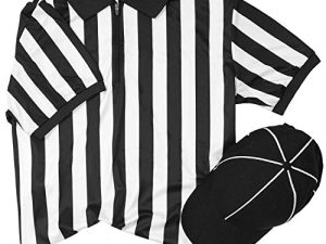 FitsT4 Official Black & White Stripe Referee Shirt Zipper Ref Jersey Uniform Short Sleeve Umpire with Pro Referee Cap Stainless Steel Whistle with Lanyard for Basketball Football Soccer