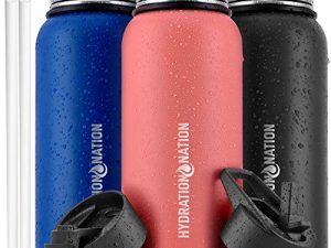 Hydration Nation 3 Lid Multi-Size Vacuum Insulated Water Bottles with Straw - Metal Water Bottle For Sports & Outdoor - Thermo Stainless Steel Water Bottle - Perfect for Hot & Cold Drinks (Peach)