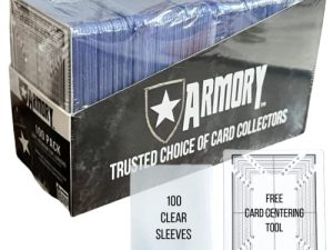ARMORY 100 Pack Premium Top Loader Trading Card Holders Protectors | Includes A Card Centering Tool and 100 Clear Sleeves | Ultra Clear | Pro