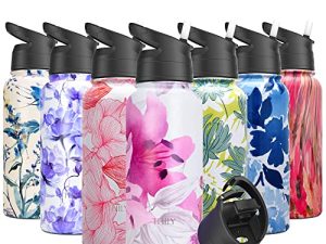 THILY Stainless Steel Sports Water Bottle Vacuum Insulated 32 oz Leakproof Wide Mouth Water Flask with 2 Lids and Straws
