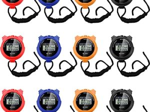 TOODOO 12 Pieces Digital Stopwatch Timer for Sports Multi Function Stopwatch with Lanyard Plastic Large Display Waterproof Date Time Alarm Stopwatch Black Blue Red Orange Watch Timer Fitness Referees