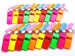 XMHF 20pcs Neon Plastic Colorful Whistle Necklace Loud Crisp Sound Coaches Referee Whistle with Lanyards for Football Sports Lifeguards Survival Emergency Training
