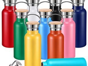 10 Pieces Stainless Steel Sports Water Bottles Bulk 17oz Double Wall Insulated Bottle with Handle and Wooden Leakproof Lid Metal Water Bottle Outdoor for Cyclists Runners Hikers DIY Gift