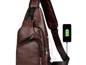 Peicees Leather Sling Bag Mens Crossbody Bag Chest Bag Sling Backpack for Men with USB Charge Port