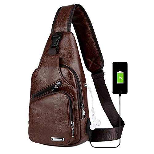 Peicees Leather Sling Bag Mens Crossbody Bag Chest Bag Sling Backpack for Men with USB Charge Port Peicees Leather Sling Bag Mens Crossbody Bag Chest Bag Sling Backpack for Men with USB Charge Port