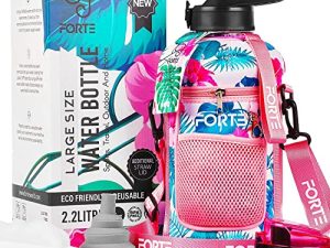 Forte Large Water Bottle - 2.2 Liter Reusable Water Bottle with Strap- Gym Water Jug with Measurements - Half Gallon Bottled Water with Pouch for Fitness Gym and Sports (Patterned Pink)